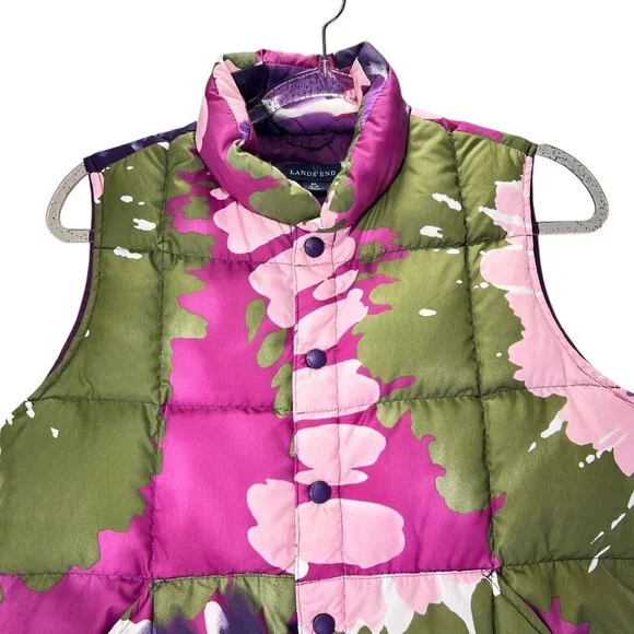 Lands End Floral Down Puffer Vest M 10-12 Bright Snap Close Pink Green Purple - Picture 3 of 14